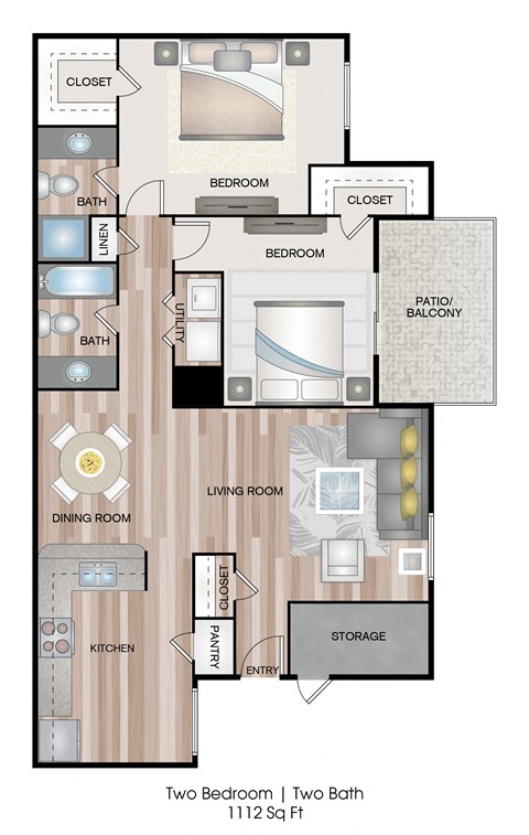 Floor plan for 2 beds, 2 baths, 1112 sqft